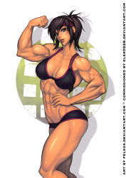  1girl abs biceps bikini bikini_top_only breasts brown_eyes brown_hair covered_erect_nipples daimon_akiko felsus female_focus hand_on_own_hip headband highres large_breasts md5_mismatch muscular muscular_female ponytail resized resolution_mismatch short_ponytail short_shorts shorts solo source_larger swimsuit taisen_hot_gimmick taisen_hot_gimmick_4ever thick_thighs thighs toned  rating:Questionable score:24 user:danbooru