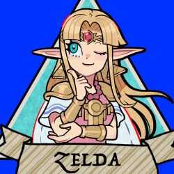  1girl armor bead_necklace beads blonde_hair blue_eyes bracelet cape character_name circlet curtained_hair dancho_no_mori dress earrings elbow_rest forehead_jewel gem gold_bracelet gold_circlet hand_on_own_elbow hand_up highres index_finger_raised jewelry long_hair long_pointy_ears necklace nintendo one_eye_closed parted_bangs pauldrons pink_dress pointy_ears princess_zelda red_gemstone short_sleeves shoulder_armor smile solo super_smash_bros. the_legend_of_zelda the_legend_of_zelda:_a_link_between_worlds triangle_earrings triforce upper_body white_cape white_sleeves 