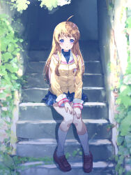 1girl :o ahoge akayama_yukihe blazer blue_eyes blue_skirt blush brown_hair brown_shoes clannad commentary_request dappled_sunlight day full_body hands_on_own_thighs highres hikarizaka_private_high_school_uniform jacket kneehighs knees_together_feet_apart loafers long_hair long_sleeves looking_at_viewer miniskirt miyazawa_yukine open_mouth outdoors pleated_skirt sailor_collar school_uniform shoes sidelighting sidelocks sitting sitting_on_stairs skirt socks solo stairs sunlight turtleneck white_sailor_collar white_socks yellow_jacket
