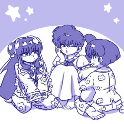  3girls ass barefoot hair_between_eyes hugging_object kunou_kodachi multiple_girls one_eye_closed open_mouth pajamas pillow ranma_1/2 shampoo_(ranma_1/2) short_hair star_(symbol) tendou_akane toes wanta_(futoshi) 