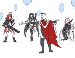  akakris10 arknights black_hair black_halo cape detached_wings dual_wielding executor_(arknights) executor_the_ex_foedere_(arknights) exusiai_the_new_covenant_(arknights) halo highres holding jurassic_world lemuen_(arknights) long_hair meme parody pink_hair prattkeeping_(meme) red_cape red_hair virtuosa_(arknights) wheelchair white_hair wings 