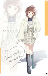  1girl adjusting_hair alternate_costume amagami bag black_boots boots brown_eyes brown_hair character_name commentary_request commission commissioner_name commissioner_upload dress fashion full_body fur_jacket hand_in_own_hair hand_up haofufufu1728 highres jacket jewelry knee_boots long_sleeves looking_at_viewer medium_hair necklace print_dress sakurai_rihoko second-party_source shoulder_bag signature skeb_commission solo standing thank_you thighhighs white_dress white_jacket zettai_ryouiki zoom_layer 