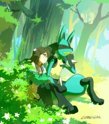  1girl brown_hair closed_mouth commentary_request commission creatures_(company) day flower game_freak gen_4_pokemon green_eyes green_jacket hair_flower hair_ornament highres holding holding_leaf inbagzlzl jacket kneehighs korean_commentary leaf long_hair lucario moss neck_ribbon nintendo outdoors pachirisu pokemon pokemon_(creature) ribbon shoes shorts sitting smile socks thigh_strap tree white_flower 