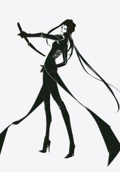  1girl blame! chinese_commentary commentary cyberpunk cyborg expressionless facial_mark forehead forehead_mark full_body greyscale high_heels highres holding holding_sword holding_weapon lmtoohard long_hair mechabare monochrome parted_bangs pcell reverse_grip silicon_creature_(blame!) simple_background solo standing sword tailcoat very_long_hair weapon 
