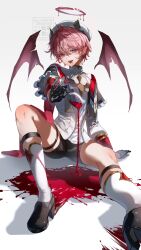  1boy absurdres ahoge alcohol arm_support bat_wings beret black_gloves black_shoes black_shorts blood blood_halo blush cape commentary cup dahlia_(genshin_impact) detached_wings drinking_glass eyelashes fangs genshin_impact glint gloves gold_trim hair_between_eyes halo hat highres holding holding_cup knee_up liquid_halo long_sleeves looking_at_viewer male_focus melting_halo nero_hanken open_mouth pink_hair pointy_ears pouring purple_eyes red_cape red_wine red_wings shirt shoes short_hair short_shorts shorts simple_background sitting smile socks solo symbol-only_commentary teeth thigh_strap upper_teeth_only watermark white_background white_hat white_shirt white_socks wine wine_glass wings 