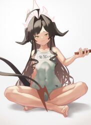  1girl absurdres ahoge alternate_color_school_swimsuit alternate_costume bare_legs barefoot black_hair blue_archive breasts covered_navel demon_girl demon_horns demon_tail fang halo highres horns indian_style kasumi_(blue_archive) long_hair mutsuki_albino name_tag one-piece_swimsuit red_halo school_swimsuit sitting small_breasts solo swimsuit tail very_long_hair white_one-piece_swimsuit yellow_eyes 