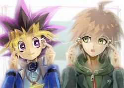  2boys ahoge black_collar black_hair blonde_hair blue_jacket brown_eyes brown_hair brown_jacket closed_mouth collar commentary_request crossover danganronpa:_trigger_happy_havoc danganronpa_(series) colored_bangs green_hoodie hands_up highres hood hood_down hoodie jacket male_focus millennium_puzzle multicolored_hair multiple_boys muto_yugi naegi_makoto ogata_megumi open_mouth pointing pointing_at_self purple_hair rope school_uniform shirt short_hair sideways_glance smile spiked_hair voice_actor_connection white_shirt youko-shima yu-gi-oh! yu-gi-oh!_duel_monsters 
