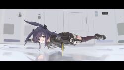  1girl animal_ears ansr_(stigro) arknights black_bow black_gloves black_jacket black_shoes black_thighhighs bow full_body gloves grey_eyes hair_bow highres indoors jacket long_hair long_sleeves looking_at_viewer mission:_impossible multiple_hair_bows nervous_smile nervous_sweating outstretched_arms parody purple_hair rabbit_ears rabbit_girl reflective_floor rope_(arknights) scene_reference shoes smile sneakers solo spread_arms suspension sweat thighhighs 
