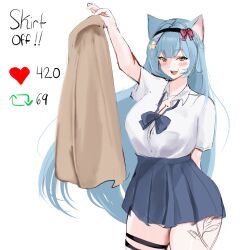 1girl 2024 bada_neko badaneko_art black_skirt blue_hair blush breasts cat_girl cleavage english_text flower_tattoo highres indie_virtual_youtuber large_breasts long_hair self-portrait shirt skirt solo strip_game tattoo undressing white_background white_shirt yellow_eyes