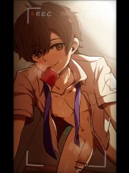  1boy all_fours bar_censor bare_legs battery_indicator bedroom black_border blue_necktie blush border bottomless brown_eyes brown_hair censored condom condom_in_mouth condom_wrapper dappled_sunlight dress_shirt erection facing_viewer florian_(pokemon) heavy_breathing highres indoors kubikun looking_to_the_side loose_necktie male_focus mouth_hold necktie nintendo open_clothes open_shirt outstretched_arms pectoral_cleavage pectorals pokemon pokemon_sv precum recording shirt shota smile sunlight sweatdrop user_interface white_shirt 