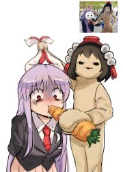  2girls animal_ears bags_under_eyes black_hair black_jacket blazer carrot carrot_pin collared_shirt commentary cowboy_shot english_commentary feeding force-feeding gloom_(expression) grabbing_another&#039;s_ear hand_on_another&#039;s_ear hat highres himuhino holding holding_carrot jacket kimeemaru long_hair long_sleeves looking_at_viewer multiple_girls necktie open_mouth phallic_symbol photo-referenced purple_hair rabbit_ears rabbit_girl red_eyes red_hat red_necktie reference_inset reisen_udongein_inaba sexually_suggestive shameimaru_aya shirt simple_background smile tearing_up tokin_hat touhou very_long_hair white_background white_shirt yukkuri_shiteitte_ne 
