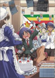  4girls ahoge barefoot blazer blush cake candle chair dark_skin dark-skinned_female dictator feet flag_of_zimbabwe food fruit genderswap genderswap_(mtf) glasses hand_on_own_hip hands_on_own_chest highres jacket maid mc_axis moire money multiple_girls necktie open_mouth panties pantyshot pleated_skirt purple_hair representation robert_gabriel_mugabe robert_mugabe scan skirt smile soles strawberry toes tonpuu translation_request underwear white_panties zimbabwe zimbabwean_dollar zimbabwean_flag 