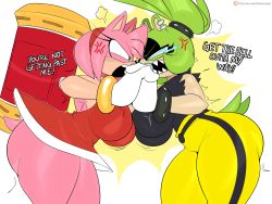  2girls amy_rose anger_vein animal_ears artist_name ass blue_eyes bracelet breasts dress ear_piercing english_text eye_contact fight furry gloves green_eyes hammer hedgehog hedgehog_girl highres huge_ass idw_publishing jewelry jinu_(jinusenpai) large_breasts looking_at_another multiple_girls pants piercing ponytail red_dress sega sharp_teeth short_tail sonic_(series) sonic_the_hedgehog_(idw) surge_the_tenrec tail teeth thick_thighs thighs toy_hammer white_gloves  rating:Questionable score:78 user:JustHere4Butts