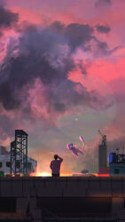  1boy 1other absurdres black_hair bridge building construction crane_(machine) dkaism from_behind gen_1_pokemon glowing glowing_eyes hand_on_own_face highres legendary_pokemon lens_flare looking_at_another mew_(pokemon) mythical_pokemon nintendo non-web_source pokemon satellite_dish scenery shirt short_hair sunset tower white_shirt 
