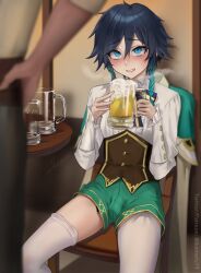  2boys alcohol bad_tag beer blouse blush braid braided brothel bulge container cum femboy garters genshin_impact girly highs ikemeru19 male multiple_boys only penis shirt steam straps thighhighs thighs through twin twintails venti_(genshin_impact) 