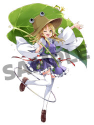  1girl animal_print blonde_hair blush brown_hat brown_shoes commentary_request eretto friend_characters frilled_skirt frills frog frog_print full_body hair_ribbon hat holding holding_leaf leaf leaf_umbrella leg_up loafers long_hair long_sleeves looking_at_viewer mishaguji moriya&#039;s_iron_rings moriya_suwako one_eye_closed open_mouth purple_skirt purple_vest red_ribbon ribbon ribbon-trimmed_thighhighs ribbon_trim sample_watermark shoes skirt skirt_set smile snake solo tachi-e thighhighs touhou tress_ribbon vest watermark white_snake white_thighhighs wide_sleeves yellow_eyes 