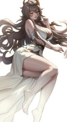  1girl bare_legs bare_shoulders barefoot branch breasts brown_hair calypso_(honkai:_star_rail) closed_eyes commentary dress facing_viewer feet hair_between_eyes hair_spread_out hand_up highres honkai:_star_rail honkai_(series) large_breasts legs light_smile long_hair lying on_side parted_lips solo thighs toes very_long_hair white_dress wo_jiushi_kanbudong 