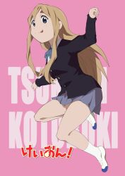  1girl birthday blonde_hair blue_eyes blue_ribbon blue_skirt character_name clenched_hands jumping k-on! kotobuki_tsumugi long_hair looking_at_viewer mizuhara_tatsuya pink_background pleated_skirt ribbon sakuragaoka_high_school_uniform school_uniform shadow shoes skirt smile socks tongue tongue_out uwabaki white_socks 