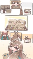 1girl absurdres book brown_hair highres hololive long_hair looking_back mpien nanashi_mumei smile virtual_youtuber