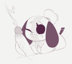 1girl :3 animal_crossing animal_ears animal_nose bent_over blank_eyes collared_shirt cosplay cum disembodied_penis dog_ears dog_girl dog_tail ejaculation erection fangs flat_chest freckles furry furry_female grey_background greyscale hair_tie handjob happy hetero isabelle_(animal_crossing) isabelle_(animal_crossing)_(cosplay) kekitopu monochrome neck_ribbon nintendo one_eye_closed open_mouth penis projectile_cum raised_eyebrows ribbon shirt short_hair short_sleeves short_tail shortstack simple_background sketch skin_fangs smile solo_focus switch_dog tail topknot uncensored veins veiny_penis 