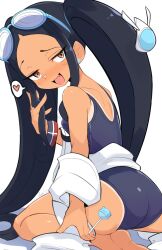  1girl ass black_hair blue_one-piece_swimsuit brown_eyes candy commentary fang food heart highres holding holding_candy holding_food jellcaps long_hair looking_at_viewer mesugaki one-piece_swimsuit open_mouth original pika_(jellcaps) sitting smile solo spoken_heart swimsuit tan tanline twintails wariza 