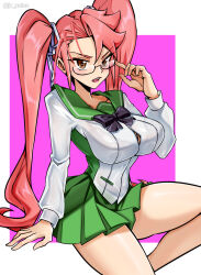  1girl adjusting_eyewear artist_name bag black_bow black_bowtie black_socks bowtie breasts collarbone feet_out_of_frame glasses green_skirt hair_ribbon handbag highres highschool_of_the_dead jrpulse large_breasts long_hair pink_background pink_hair ribbon school_uniform shirt shoes simple_background sitting skirt sneakers socks takagi_saya thighs twintails white_background white_ribbon white_shirt yellow_eyes  rating:Sensitive score:1 user:RomanticDevil