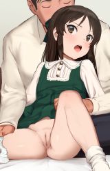 1boy 1girl age_difference assisted_exposure blush bow brown_eyes brown_hair closed_eyes clothes_lift commentary_request dress dress_lift hair_bow half_updo hetero idolmaster idolmaster_cinderella_girls loli long_hair open_mouth panties panties_around_leg panty_pull pettan_p pulling_another&#039;s_clothes pussy socks solo_focus spread_legs tachibana_arisu third-party_edit uncensored underwear undressing rating:Explicit score:440 user:loli_juicey