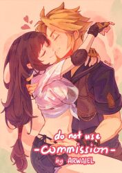  1boy 1girl arms_around_neck artist_name arwaiel bikini bikini_under_clothes black_bikini black_hair black_sailor_collar black_shirt blonde_hair blush breasts closed_eyes cloud_strife cloud_strife_(maritime_sailor) commentary commission couple cowboy_shot denim denim_skirt elbow_pads english_commentary facing_another final_fantasy final_fantasy_vii final_fantasy_vii_ever_crisis fingerless_gloves frayed_skirt from_side gloves grey_skirt groin hand_on_another&#039;s_back hand_on_another&#039;s_hip hand_on_another&#039;s_shoulder heads_together heart highleg highleg_bikini kiss large_breasts long_hair low-tied_long_hair midriff miniskirt navel parted_lips sailor_collar see-through_clothes see-through_shirt shirt short_sleeves side-tie_bikini_bottom single_elbow_pad skirt smile spiked_hair swimsuit tied_shirt tifa_lockhart tifa_lockhart_(lifeguard) white_shirt 