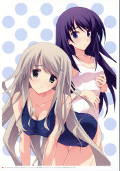  2girls absurdres aoi_sena bare_shoulders bent_over bikini blue_one-piece_swimsuit blush breasts chaos;head cleavage cleavage_insertion collarbone competition_swimsuit ears_visible_through_hair eyewear_in_cleavage glasses green_eyes green_hair hair_ornament hairpin hanging_breasts head_tilt highres kusunoki_yua leaning_forward long_hair long_sidelocks looking_at_viewer matsuo_yukihiro medium_breasts multiple_girls non-web_source official_art one-piece_swimsuit polka_dot polka_dot_background pout purple_eyes purple_hair shiny_skin sidelocks small_breasts smile standing swimsuit thick_thighs thigh_gap thighs unworn_eyewear white_background white_bikini 