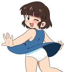  1girl ass blue_dress blush brown_eyes brown_hair dress from_behind loli looking_at_viewer looking_back one_eye_closed open_mouth original panties short_hair sleeveless sleeveless_dress smile standing standing_on_one_leg underwear white_background white_panties wind wind_lift wink yume_yoroi 