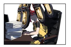  1girl aiba_ami alphamon armor black_armor black_shirt black_skirt blue_eyes dawu233 digimon digimon_(creature) digimon_story:_cyber_sleuth full_body giant_hand highres implied_yuri knight kuremi_kyouko pleated_skirt red_hair shirt side_ponytail simple_background skirt thighhighs two-tone_shirt white_background yellow_shirt yellow_thighhighs 