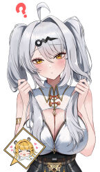  2girls ? absurdres ahoge animal_ears animal_print arm_strap black_hair blush blush_stickers breast_focus breasts buta_dong can cleavage closed_eyes closed_mouth collarbone collared_shirt ear_piercing earrings eyebrows_hidden_by_hair eyes_visible_through_hair facing_viewer fangs hair_ornament hairclip heart high-waist_pants highres jewelry large_breasts long_hair looking_at_viewer multicolored_hair multiple_girls open_mouth orange_hair pants piercing shirt sleeveless sleeveless_shirt smile speech_bubble standing streaked_hair tiger_ears tiger_girl tiger_print tongue twintails very_long_hair white_hair yellow_eyes yixuan_(zenless_zone_zero) zenless_zone_zero 