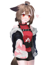  ... 1girl absurdres aenga_1011 animal_ears arknights averting_eyes bare_shoulders black_jacket black_shorts blush box brown_hair brown_tail commentary commentary_request cowboy_shot cutter_(arknights) english_commentary hair_between_eyes happy_valentine heart heart-shaped_box highres holding incoming_gift jacket korean_commentary long_sleeves mixed-language_commentary off_shoulder open_mouth orange_eyes pouch red_shirt shirt short_hair shorts simple_background sleeveless sleeveless_shirt solo standing tail topknot valentine wavy_mouth white_background 