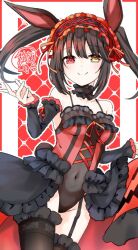  1girl animal_ears bare_shoulders black_hair black_thighhighs breasts clock_eyes covered_navel date_a_live detached_sleeves dress fake_animal_ears frilled_dress frilled_hairband frills garter_straps hairband heterochromia hoshibana_anima lace lace-trimmed_thighhighs lace_trim long_hair looking_at_viewer medium_breasts rabbit_ears red_dress red_eyes smile solo symbol-shaped_pupils thighhighs tokisaki_kurumi twintails two-tone_dress yellow_eyes 