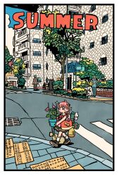  1boy 1girl ahoge anya_(spy_x_family) architecture bag black_dress black_shoes blonde_hair blue_shirt bond_(spy_x_family) breasts child city collared_dress crosswalk dog dress full_body hairpods highres looking_at_another medium_breasts pink_hair plant potted_plant road shirt shoes short_hair shoulder_bag socks spy_x_family street summer sunglasses sweatdrop takeuchi_ryousuke tree twilight_(spy_x_family) walking white_socks 