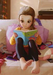 1girl alkemanubis barefoot book bookshelf brown_eyes brown_hair controller couch facing_viewer feet forehead full_body hair_over_shoulder headphones highres indoors knit_sweater leggings long_hair open_book original phonograph pillow reading remote_control sitting skirt soles solo toes rating:Sensitive score:263 user:danbooru