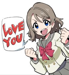  1girl :d blue_eyes bow bowtie clenched_hand clenched_hands grey_hair grey_sailor_collar grey_skirt long_sleeves looking_at_viewer love_live! love_live!_sunshine!! lowres open_mouth osa_(osavocaloid) pleated_skirt red_bow sailor_collar school_uniform serafuku short_hair simple_background skirt smile solo uranohoshi_school_uniform watanabe_you white_background 