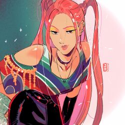  1girl black_skirt commentary_request cowboy_shot earrings eyeshadow hand_on_own_hip highres jewelry korean_commentary kpop_demon_hunters makeup mira_(kpop_demon_hunters) orange_eyeshadow pink_hair pink_lips sidelocks skirt solo steelscarlet twintails yellow_eyeshadow 