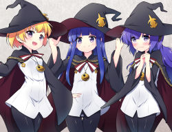 3girls black_cape black_headwear black_legwear blonde_hair blue_hair blunt_bangs blush cape commentary_request fang furude_rika grabbing hanyuu hat hazumi_otoya highres higurashi_no_naku_koro_ni horns houjou_satoko long_hair long_sleeves looking_at_viewer multiple_girls open_mouth pantyhose purple_eyes purple_hair shirt short_hair simple_background skin_fang smile sweatdrop white_shirt witch_hat rating:General score:5 user:danbooru