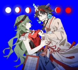  2others aaayamitsu androgynous angry armor bare_arms belt belt_buckle black_belt black_hair black_shirt blue_background blue_fire blue_hakama brooch brown_headband brown_kimono buckle candle_on_head chinese_commentary closed_mouth clothes_grab commentary_request cowboy_shot epaulettes eye_contact eyelashes faulds fire green_hair hair_between_eyes hair_ornament hairband hairpin hakama hakama_short_skirt hakama_skirt hand_on_another&#039;s_hip headband highres japanese_clothes jewelry kimono len&#039;en light_frown long_hair long_sleeves looking_at_another moon_phases mouth_guard multiple_hairpins multiple_others other_focus pointy_ears red_eyes red_hairband red_ribbon red_vest ribbon sad shirt short_hair_with_long_locks sidelocks skirt sleeve_ribbon sleeveless sleeveless_shirt taira_no_chouki taira_no_fumikado v-shaped_eyebrows very_long_hair vest waist_tassel wavy_hair wide-eyed wide_sleeves 