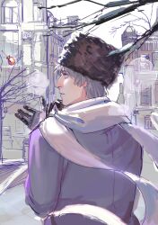  1boy axis_powers_hetalia black_gloves black_hat branch building candy chinese_commentary chupa_chups city coat commentary_request day floating_clothes food fur_hat gloves grey_hair hair_between_eyes hands_up hat highres leather leather_gloves lollipop long_sleeves looking_to_the_side male_focus outdoors purple_coat purple_eyes russia_(hetalia) scarf short_hair sky snow solo teeth tree unfinished upper_body white_scarf white_sky window winter zhongerweiyuan 