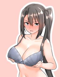  1girl absurdres black_hair blush bra breasts collarbone commentary_request furaggu_(frag_0416) grabbing_own_breast grey_bra hair_between_eyes highres kantai_collection large_breasts long_hair looking_at_viewer meme nachi_(kancolle) navel next_time_you&#039;re_getting_this_(meme) open_mouth pink_background simple_background solo stomach tongue underwear underwear_only upper_body 