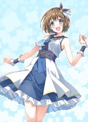  1girl :d blue_background blue_bow blue_dress blue_eyes blue_hairband blue_wrist_cuffs blush bow bow_hairband brown_hair commentary_request cowboy_shot dress extreme_hearts frilled_wrist_cuffs frills hair_bow hairband hand_up hayama_hiyori highres layered_dress looking_at_viewer open_mouth outline short_hair sleeveless sleeveless_dress smile solo standing thighs white_outline wrist_cuffs yorousa_(yoroiusagi) 
