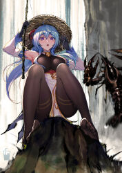  1girl absurdres ahoge artist_logo bell black_bodysuit black_gloves black_pantyhose blue_hair bodysuit breasts cowbell detached_sleeves fishing_rod ganyu_(genshin_impact) genshin_impact gloves goat_horns hair_between_eyes hat highres holding holding_fishing_rod horns large_breasts lobster logo long_hair mumuy no_shoes on_rock open_mouth outdoors pantyhose pelvic_curtain purple_eyes rock sitting straw_hat surprised toes water waterfall white_sleeves 