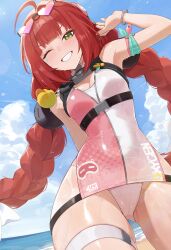  1girl absurdres arm_up beach blue_sky blush breasts cameltoe cleavage clenched_teeth cloud commentary day eyewear_on_head green_eyes highleg highres long_hair looking_at_viewer ocean one-piece_swimsuit one_eye_closed open_mouth pink_one-piece_swimsuit red_hair sky smile solo swimsuit teeth twintails two-tone_one-piece_swimsuit ukinami_yuzuha ukinami_yuzuha_(tanuki_in_broad_daylight) weimiaw wet white_one-piece_swimsuit zenless_zone_zero  rating:Questionable score:26 user:danbooru