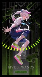 1girl :d airani_iofifteen airani_iofifteen_(1st_costume) bilingual_commentary blue_hair blue_overalls bow_hairband character_name commentary denim_overalls english_commentary english_text full_body gradient_hair green_hairband green_shoes hair_bun hairband highres hololive hololive_indonesia ishihara_(kuniyoshi) long_hair long_sidelocks looking_at_viewer mixed-language_commentary multicolored_hair open_hand open_mouth overalls paint_on_clothes paint_splatter paint_splatter_on_face paint_tube palette_hair_ornament pants pants_rolled_up pink_hair pink_hairband print_sweater purple_eyes scrunchie shoe_soles shoes side_ponytail side_up_bun sidelocks smile sneakers solo sweater three-quarter_sleeves two-tone_hairband virtual_youtuber watermark white_sweater wrist_scrunchie