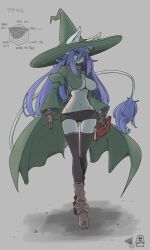  1girl anabel_(the_amboina) bike_shorts black_shorts black_thighhighs book boots breasts brown_gloves cleavage closed_mouth coat dot_mouth ears_through_headwear expressionless fingerless_gloves full_body furry furry_female gloves graph green_coat green_hat hair_between_eyes hat highres holding holding_book juliet_sleeves knee_boots large_breasts large_ears long_hair long_sleeves looking_at_viewer lowleg lowleg_shorts navel no_shirt no_wings open_clothes open_coat original puffy_sleeves purple_hair radar_chart shorts sidelocks sideways_glance tail the_amboina thigh_strap thighhighs translation_request underboob very_long_hair very_long_tail wide_brim wide_hips witch_hat yellow_eyes 