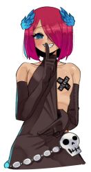  1boy @_@ bare_shoulders belt blue_eyes blue_light blush brown_dress brown_gloves cross cross_pasties crossdressing crossdressing_(mtf) dark-skinned_male dark_skin dress elbow_gloves eyelashes finger_to_mouth flashing furrowed_brow genderswap genderswap_(ftm) gloves gradient_hair greek_mythology grin hair_over_one_eye half-closed_eyes hand_up index_finger_raised looking_at_viewer male_focus multicolored_hair one_breast_out original pasties persephone_(mythology) pink_hair print_pasties pulling_own_clothes purple_hair seductive_smile sharp_teeth short_dress short_hair shushing skull_brooch skull_ornament sleeveless sleeveless_dress smile solo tape tape_on_nipples teasing teeth trap two-tone_hair wanderjegson 