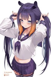  1girl :q black_thighhighs blue_eyes blunt_bangs center-flap_bangs cropped_shirt gradient_hair highres holding holding_own_hair hololive hololive_english long_hair long_sleeves looking_at_viewer miniskirt mole mole_under_eye multicolored_hair navel neckerchief ninomae_ina&#039;nis oioi_ainomo orange_hair pleated_skirt pointy_ears purple_hair sailor_collar school_uniform serafuku shirt simple_background skirt smile solo tentacle_hair thighhighs tongue tongue_out twintails very_long_hair virtual_youtuber white_background white_shirt 