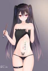  &gt;:( 1girl absurdres ahoge bare_arms bare_shoulders black_camisole black_hair black_nails black_panties blue_ribbon blush body_writing bow bow_panties breasts butterfly_tattoo calligraphy calligraphy_brush camisole camisole_lift cc_lin check_translation chinese_commentary closed_mouth clothes_lift collarbone commentary_request cowboy_shot curvy double-parted_bangs eyelashes female_focus frilled_camisole frills frown gradient_background grey_background groin hair_between_eyes hair_ribbon hands_up heterochromia highres holding holding_brush ink legs_together lifting_own_clothes long_hair looking_at_viewer looking_to_the_side midriff nail_polish navel no_bra original paintbrush panties partially_visible_vulva pixiv_username pubic_tattoo purple_bow purple_eyes red_eyes red_nails ribbon shy sidelighting simple_background skindentation small_breasts solo standing stomach straight-on straight_hair tattoo thigh_gap thigh_strap thighs translation_request two_side_up underboob underwear v-shaped_eyebrows very_long_hair  rating:Sensitive score:51 user:danbooru